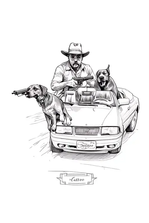 Realistic gangster with pistols on a convertible with a black labrador  tattoo design idea