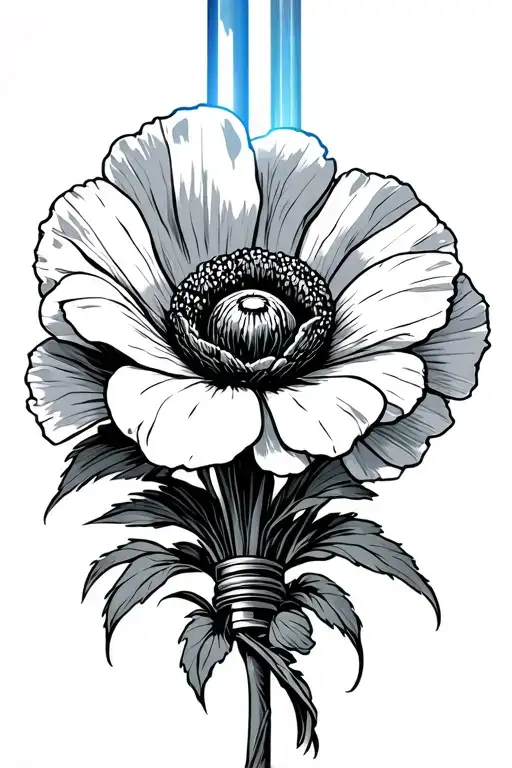 fine line Luke Skywalker lightsaber hilt with poppy flower coming out instead of a blade tattoo design idea