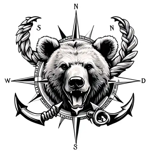 anchor, compass, bear head  realism, intertwined arm sleeve  tattoo design idea