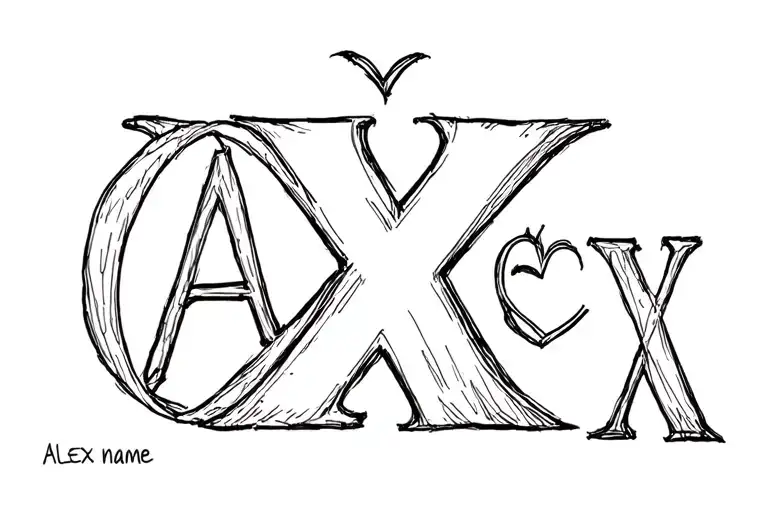 first name Alex with a heart on the X tattoo design idea