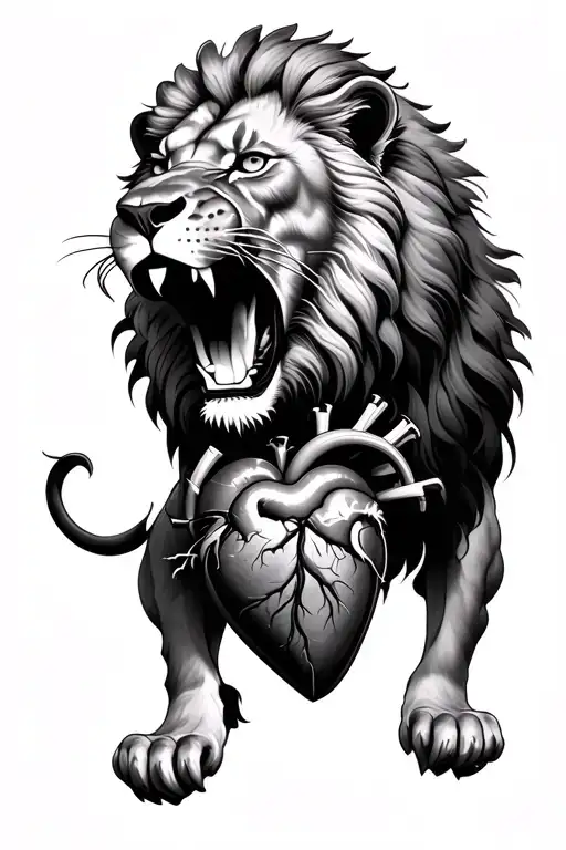 lion biting human heart in mouth tattoo design idea