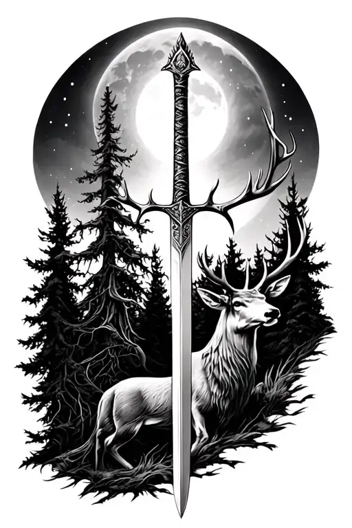 forest with moon and king Arthur's sword and stag tattoo design idea