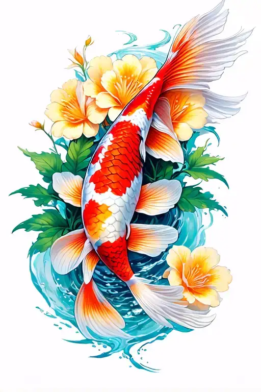koi fish with flowers tattoo design idea