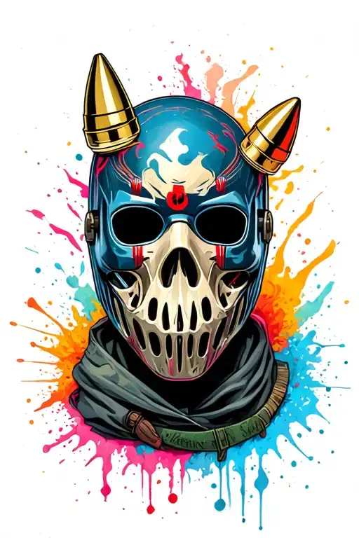 Purge Sicario Bullet Mask surrounded by vibrant new school tattoo design idea