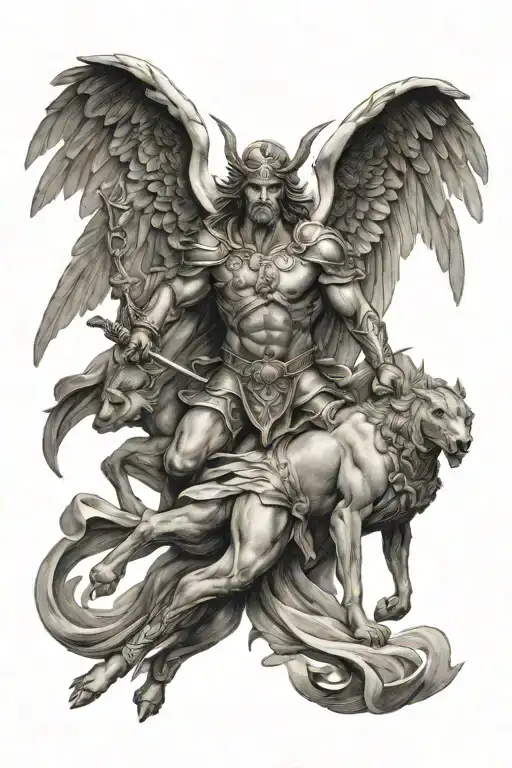 angelic battle scene tattoo design idea