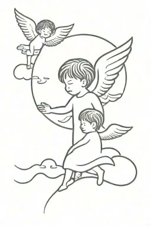 child and angels flying tattoo design idea