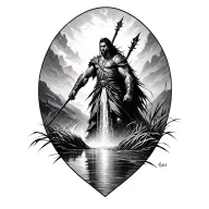 warrior and waterfall surrounded by marsh and shining light tattoo design idea
