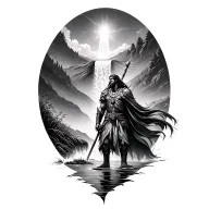 warrior and waterfall surrounded by marsh and shining light tattoo design idea