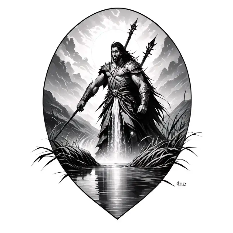 warrior and waterfall surrounded by marsh and shining light tattoo design idea