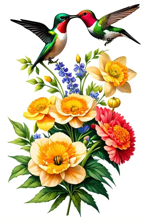 carnation, daffodil, marigold, larkspur,  hummingbirds, chrysanthem long leaves with stems but add in the tooled leather tattoo design idea