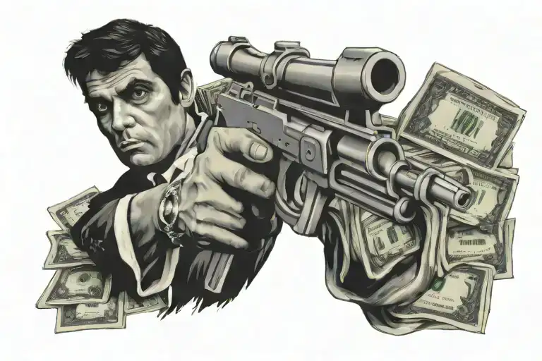 scarface with money and gun and the world is yours writte tattoo design idea