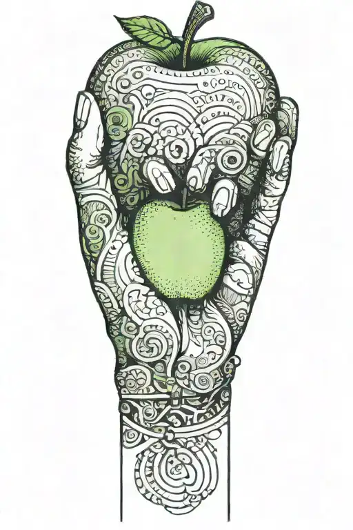 A green apple in the foreground,  a womans hand wearing a cuff tattoo design idea