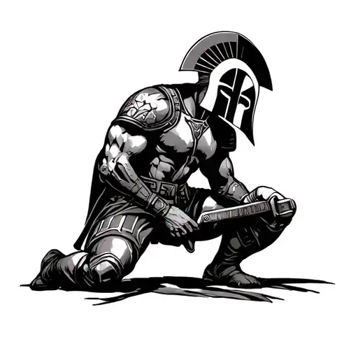 SPARTAN KNEELING WITH SHIELD HELD HIGH tattoo design idea