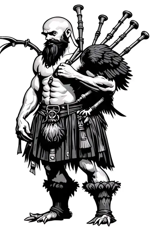  hairy shirtless bagpiper big black wings on bac muscular playing the bagpipes bald with  black beard k crow with claws  tattoo design idea