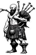  hairy shirtless bagpiper big black wings on bac muscular playing the bagpipes bald with  black beard k crow with claws  tattoo design idea