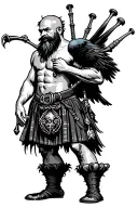  hairy shirtless bagpiper big black wings on bac muscular playing the bagpipes bald with  black beard k crow with claws  tattoo design idea