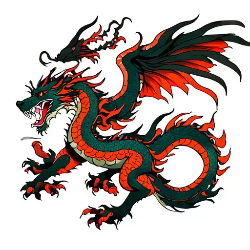 dragon with wings and wolf fighting demons tattoo design idea