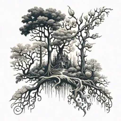 A surreal tattoo showcasing a mystical forest scene, where the trees are made of baggy pants and the leaves are intricate patterns inspired by thrifted finds tattoo design idea