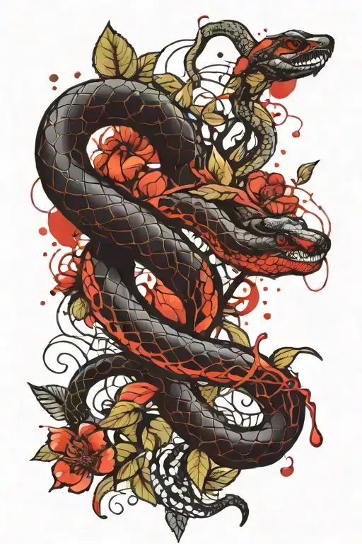 BLACK EVIL SNAKE ENTWINED WITH A COCOA TREE BRANCH tattoo design idea