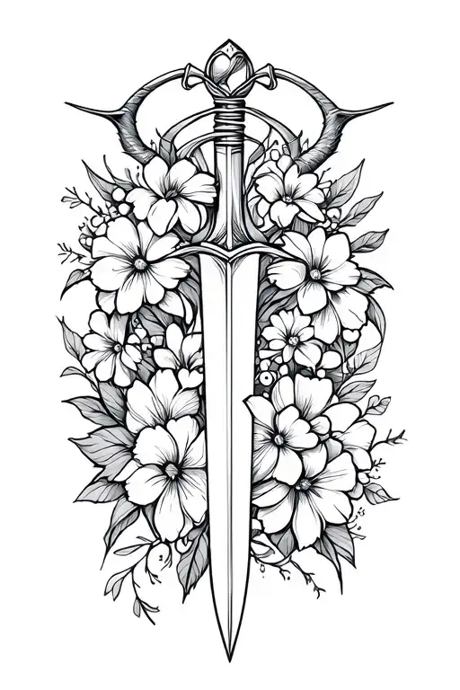 rapier with small devil heart flowers intertwined sleeve wrist to four arm with jayden in cursive length wise tattoo design idea