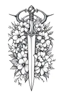 rapier with small devil heart flowers intertwined sleeve wrist to four arm with jayden in cursive length wise tattoo design idea