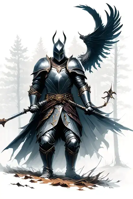 dark fantasy knight in battle scene in forest tattoo design idea