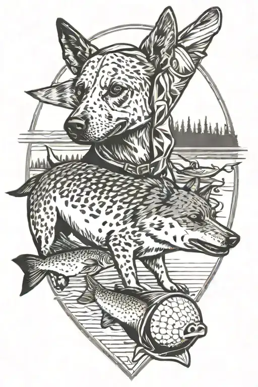 Australian Cattle Dog, Fishing, Baseball, and Family tattoo design idea