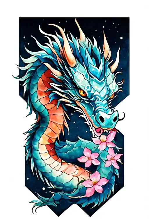 Japanese dragon diamond shape and cherry blossom  tattoo design idea