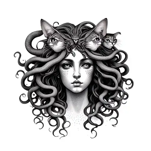 Medusa head with multiple different ferocious cats in her hair instead of snakes  tattoo design idea