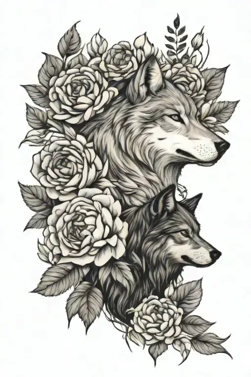 wolf roses peonies and country foliage tattoo design idea