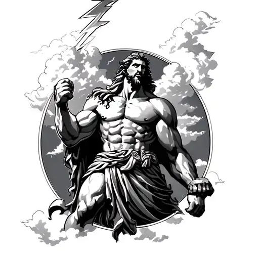 a Greek mythology titan holding a lighting bolt in the air in clouds realistic  tattoo design idea