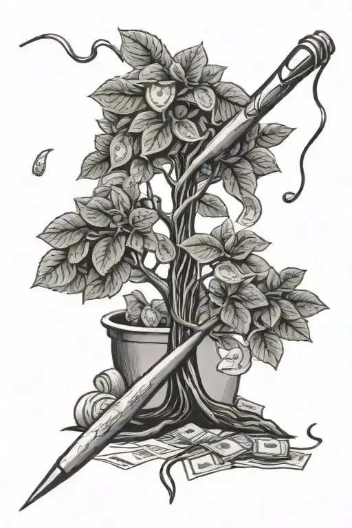 crochet hook, yarn, money tree growing tattoo design idea