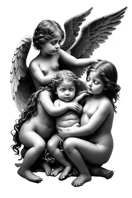3 girls, 1 boy, 1 angel baby playing with angels and god tattoo design idea