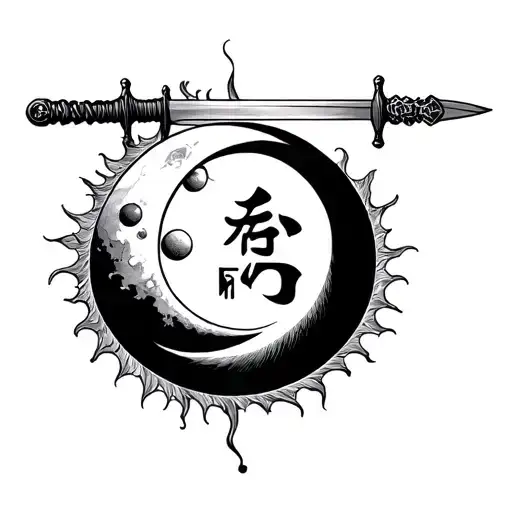 sun and moon in Japanese kanji on a sword tattoo design idea