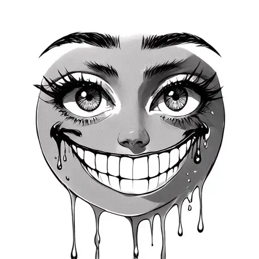 one of her eyes sircle the other cross out smile face Tears flow while smiling tattoo design idea