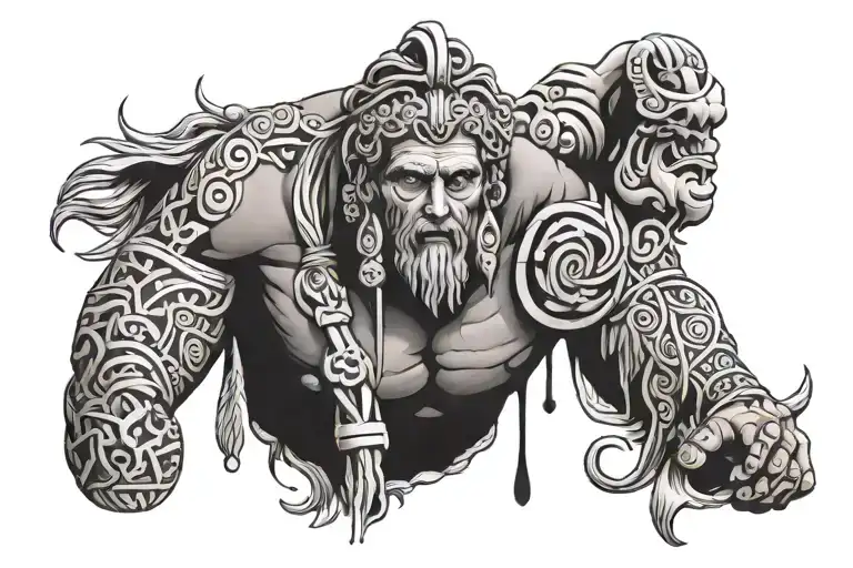 A cohesive and detailed tattoo that incorporates greek and roman art, tribal prints, and illustrative prints tattoo design idea