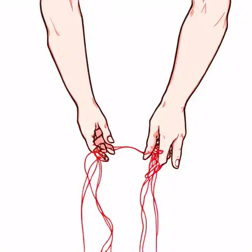 two hands with a red string and at the bottom writhing advetam eternam tattoo design idea
