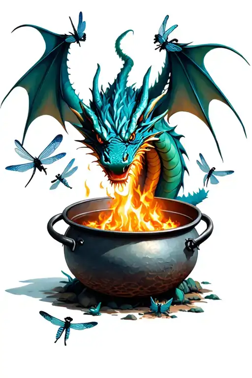 Dragon breathing fire onto a giant cooking pot surrounded by dragonflies tattoo design idea