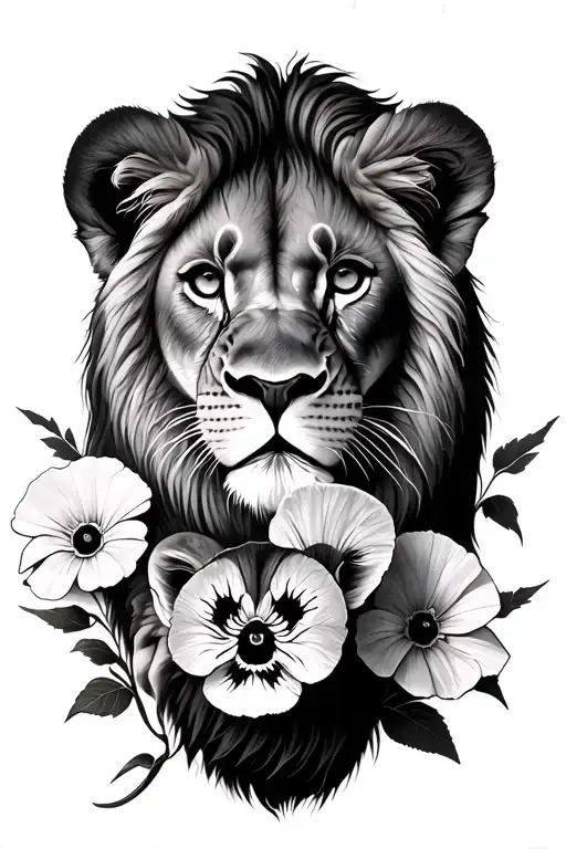 mama lion, 2 cubs, pansy flower, poppy flower, chrysanthemum tattoo design idea