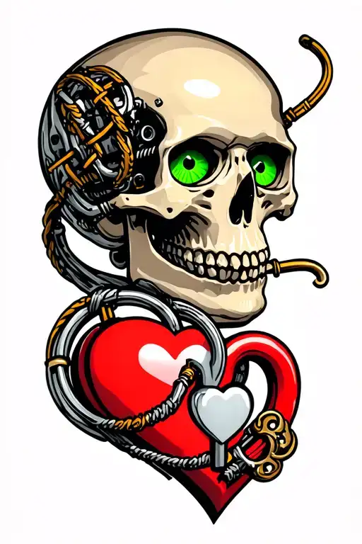 green eyed bionic skull with wires and heart shaped lock intertwined tattoo design idea