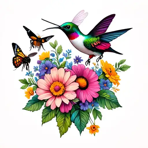 wild flowers, butterflies, bees, hummingbirds tattoo design idea