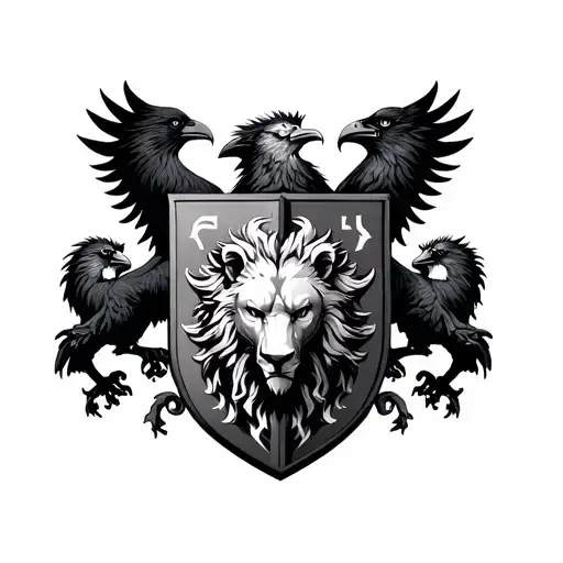 Nordic coat of arms, with ravens, lions head in the middle  tattoo design idea