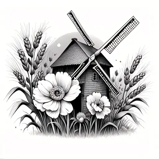 windmill, marigolds, narcissus flower, wheat,  tattoo design idea