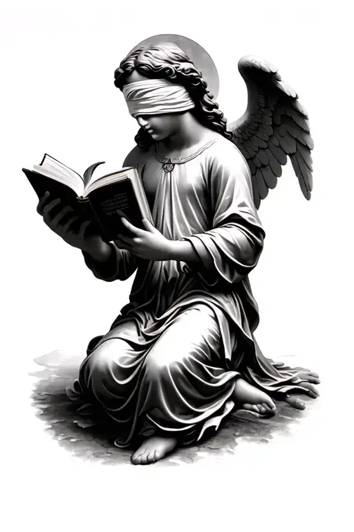A blindfolded Christian angel clutching a book while shushing with its pointer finger tattoo design idea