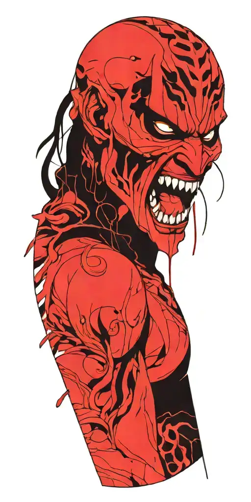 Anime character standing screaming wearing oni mask fighting off inner demons in hell tattoo design idea