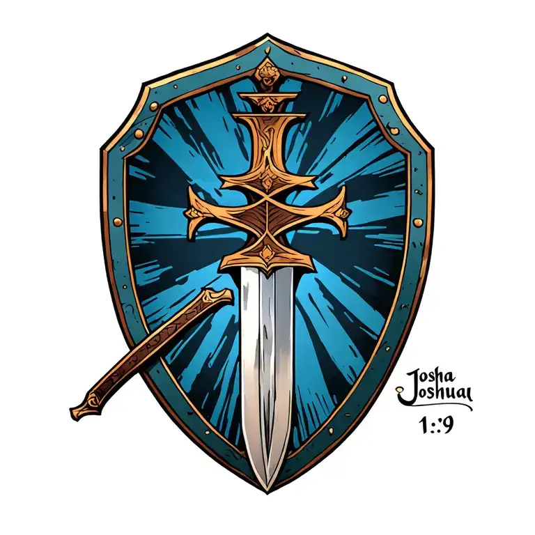 "Joshua 1:9" cross with sword and shield  tattoo design idea