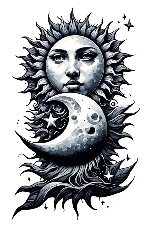 Sun,Moon and stars representing tattoo design idea
