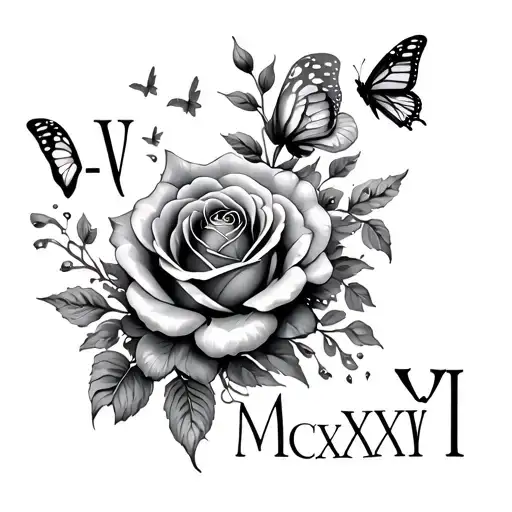 "V-I-MCMLXXXVI" roses blooming and butterflies fluttering tattoo design idea
