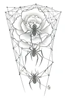 sketch on the leg of a rose spider and web tattoo design idea