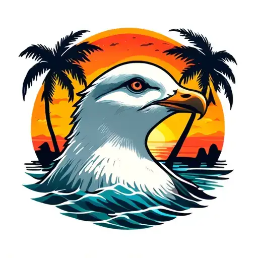 loud seagull head with palm trees colors sunset tattoo design idea